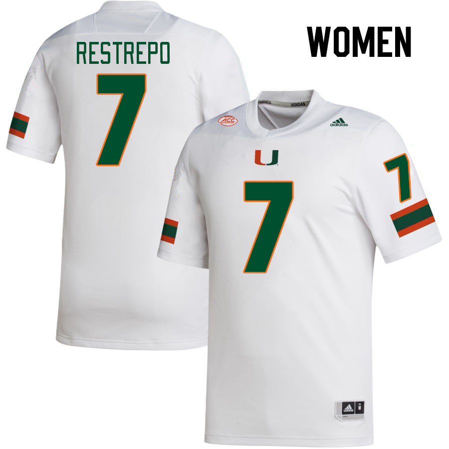 Women #7 Xavier Restrepo Miami Hurricanes College Football Jerseys Stitched-White - Click Image to Close